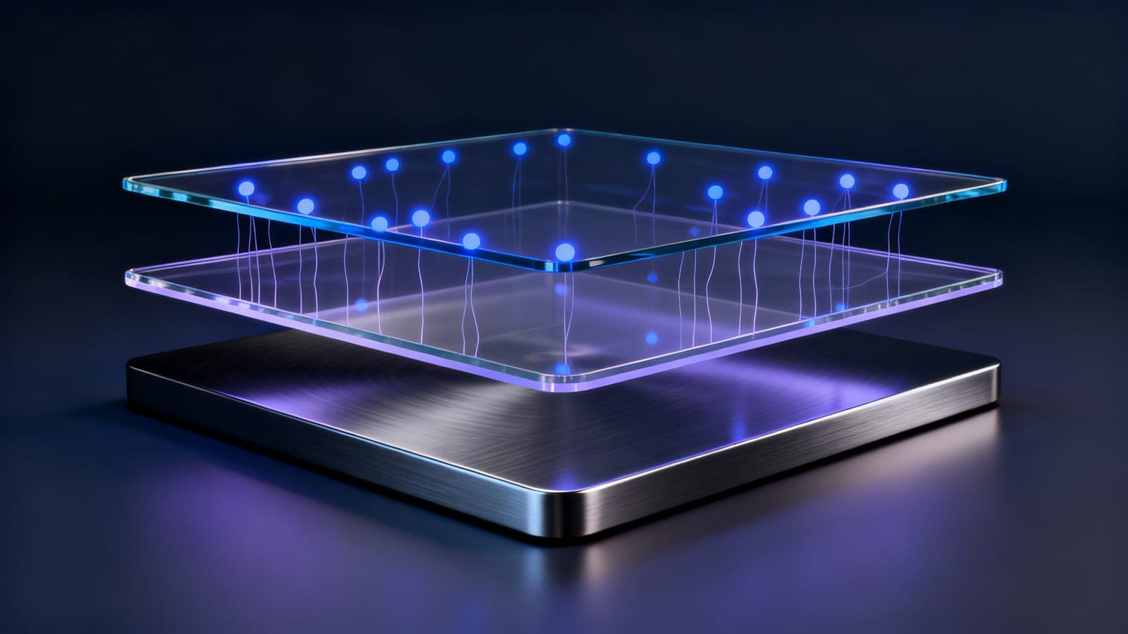 An illuminated layer of connected nodes hovering above a solid metal base — the agentic layer sitting on top of existing systems